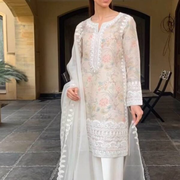 LG-1932 | Designer Tebi Organza Kurta with Farshi Salwar & Embroidered Dupatta Set