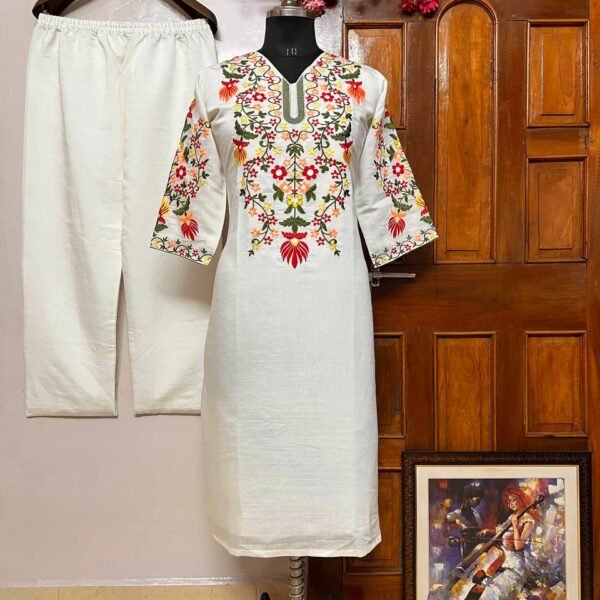 LC 1362 | Heavy Roman Silk Cotton Embroidered Kurti & Pant Set – Summer Special