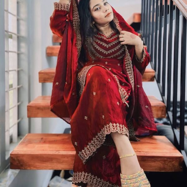 LG-1942 | Fendi Silk Embroidered Kurti Pant Dupatta Set – Teal, Red & Purple