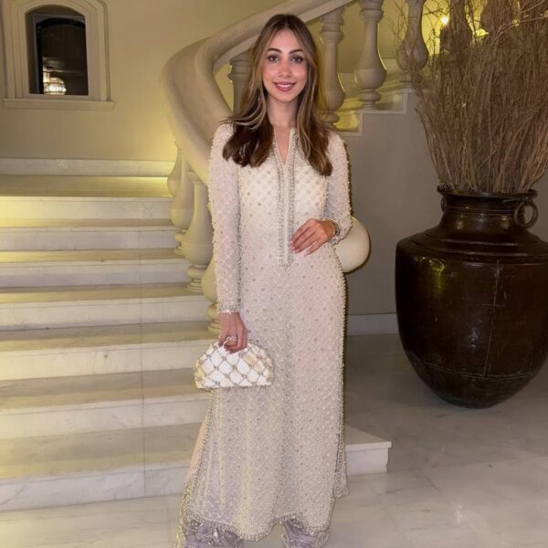 LG-1922 | Faux Georgette 1700+ Handmade Moti Kurta Set with Sequence Embroidery & Dupatta – Eid Hit