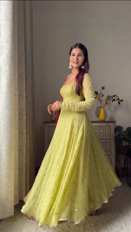 LG-1953 Yellow Net Embroidered Anarkali Gown with Red Dupatta – Festive Designer Wear - Image 4