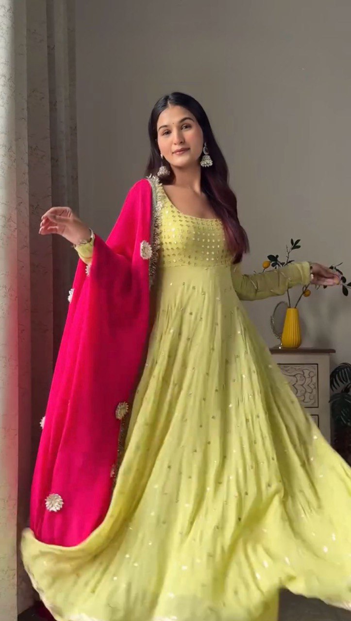 LG-1953 Yellow Net Embroidered Anarkali Gown with Red Dupatta – Festive Designer Wear