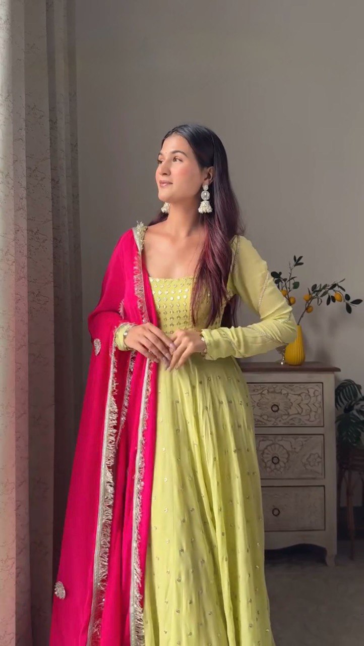 LG-1953 Yellow Net Embroidered Anarkali Gown with Red Dupatta – Festive Designer Wear - Image 2