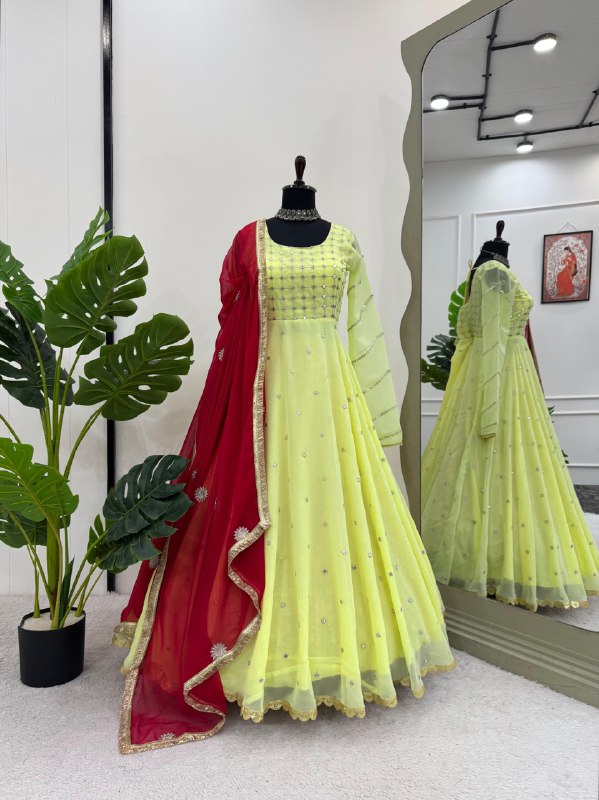 LG-1953 Yellow Net Embroidered Anarkali Gown with Red Dupatta – Festive Designer Wear - Image 5