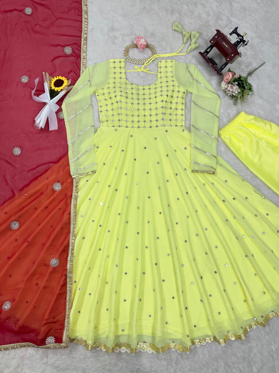 LG-1953 Yellow Net Embroidered Anarkali Gown with Red Dupatta – Festive Designer Wear - Image 6